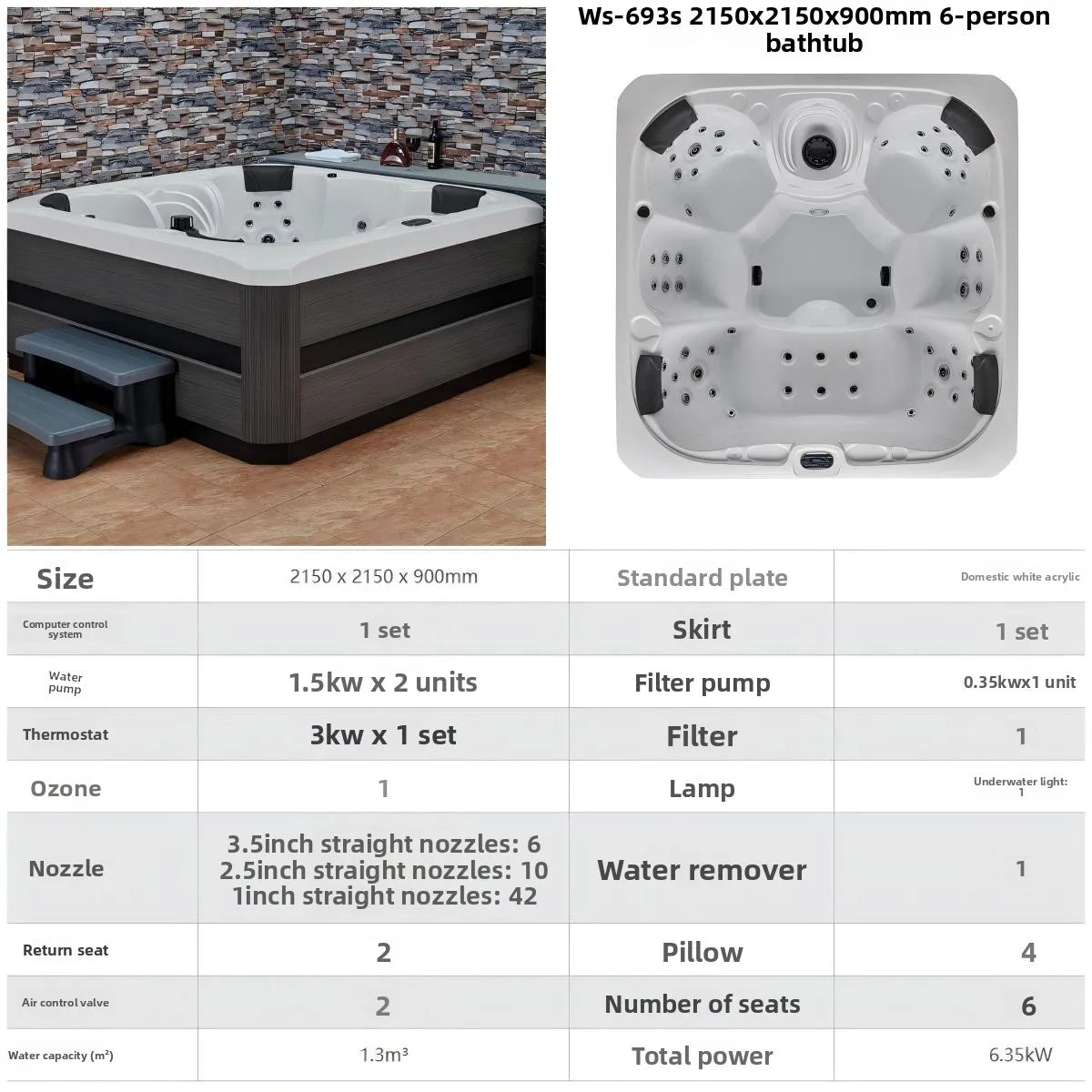 Outdoor-Jacuzzi-SPA-Whirlpool, großer Acryl-Massagebadewanne, intelligenter thermostatisch beheizter Pool, Villa, Hof, Hotel, Resort