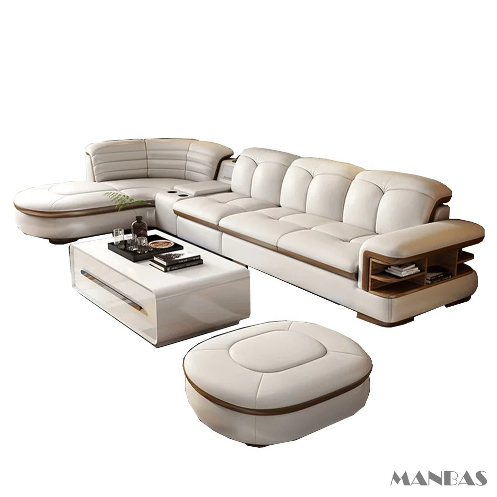 Luxuriöse L-förmige Sektionalsofa-Sets aus echtem Leder mit USB, Bluetooth-Lautsprecher – Linlamlim Wohnzimmer italienische Ledersofas