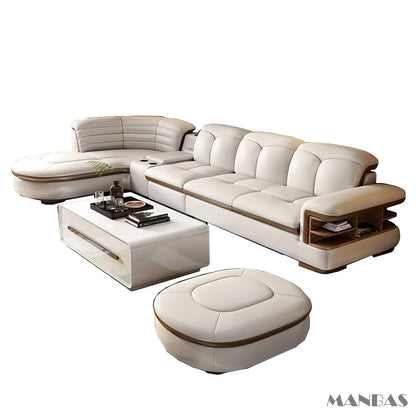 Luxuriöse L-förmige Sektionalsofa-Sets aus echtem Leder mit USB, Bluetooth-Lautsprecher – Linlamlim Wohnzimmer italienische Ledersofas