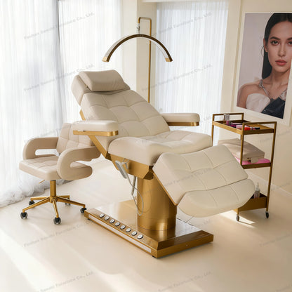 Luxuriöses elektrisches Schönheitsbett mit goldenem Sockel, Leder-Massagebett, Salon-Gesichts-Wimpernliege mit Beleuchtung