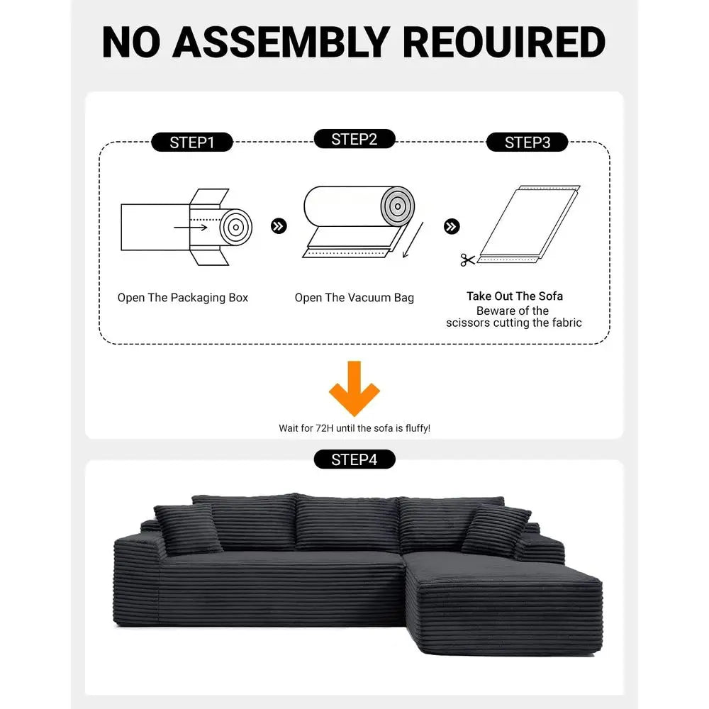 Modernes 108 L-förmiges Ecksofa, tiefes Wolkensofa, Cordstoff, Schwarz, Recamiere rechts, Wohnzimmermöbel, keine Montage