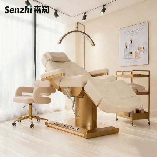 Luxuriöses elektrisches Schönheitsbett mit goldenem Sockel, Leder-Massagebett, Salon-Gesichts-Wimpernliege mit Beleuchtung