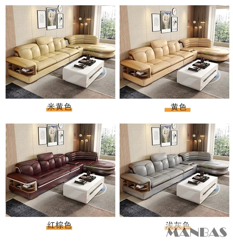 Luxuriöse L-förmige Sektionalsofa-Sets aus echtem Leder mit USB, Bluetooth-Lautsprecher – Linlamlim Wohnzimmer italienische Ledersofas