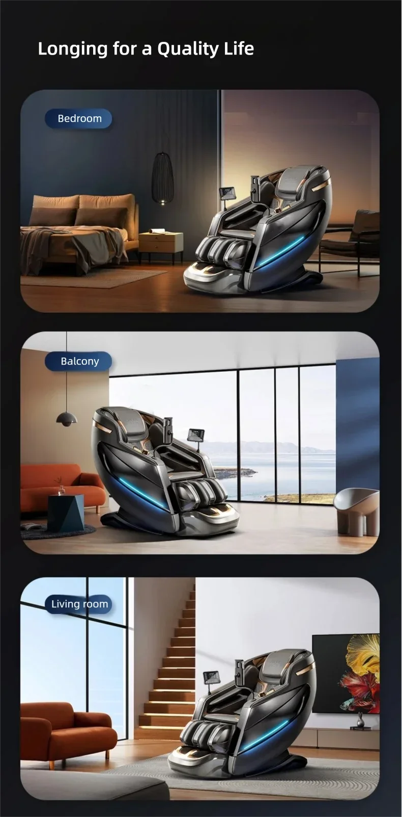 4D Mechanismus Massagesessel Tiefe Thai-Dehnung LCD Touchscreen Wadenrolle Airbag Kompression Kneten Schwerelosigkeit Entspannung