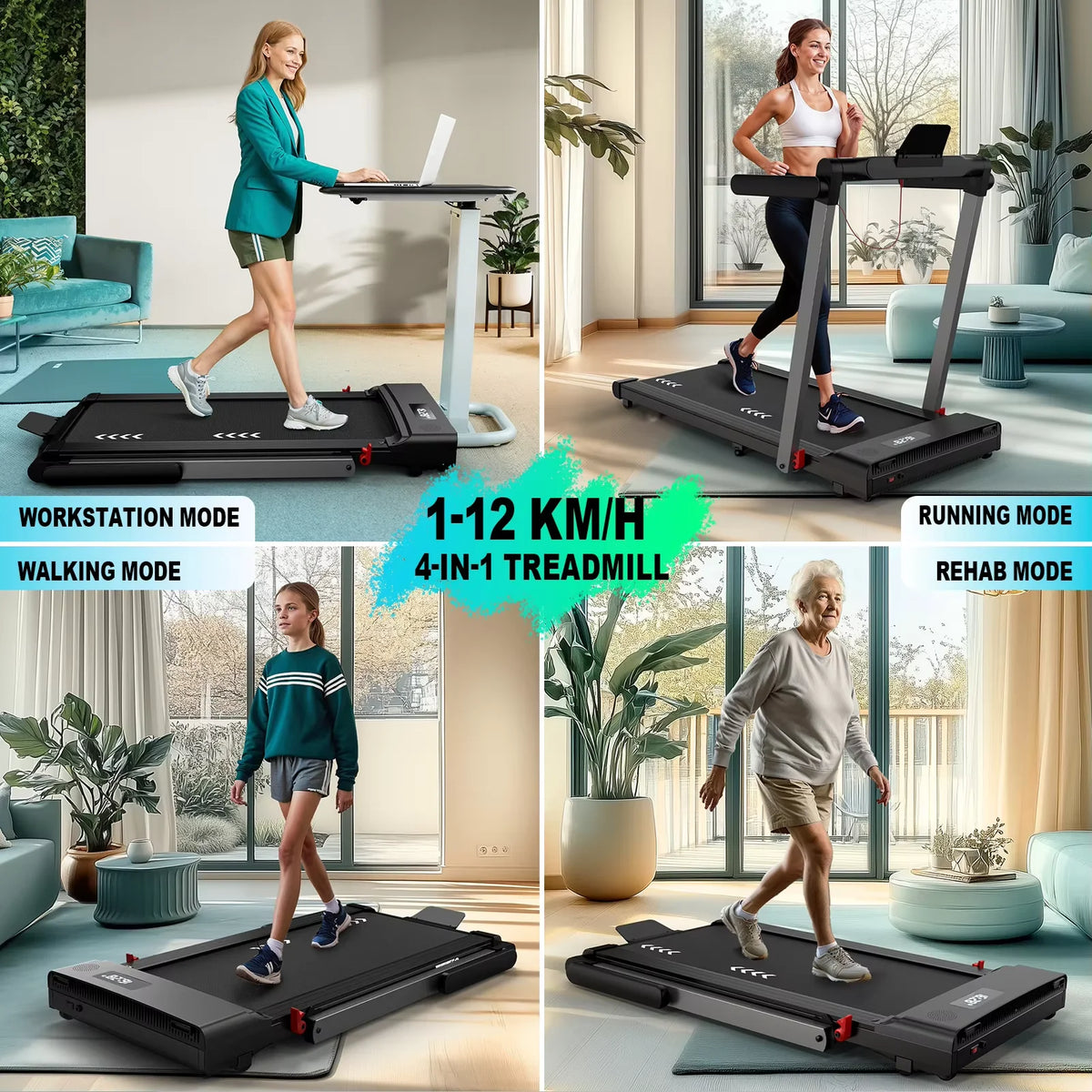 Laufband für den Heimgebrauch, 2,25-PS-Motor, Geschwindigkeit 1–12 km/h, 7-Schicht-Lauffläche, keine Montage erforderlich
