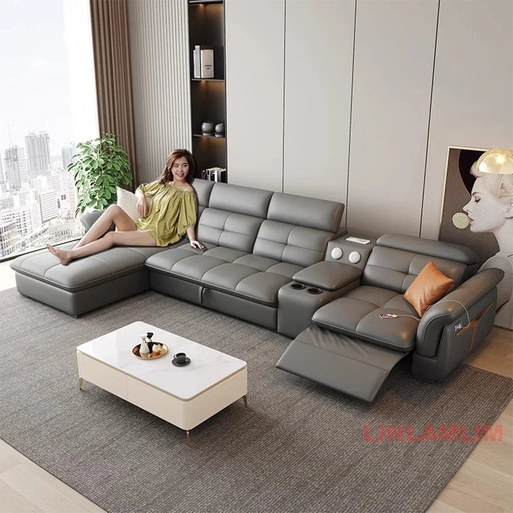 Modernes elektrisches Schlafsofa mit verstellbarer Rückenlehne, L-förmiges, multifunktionales italienisches Echtleder-Sofa
