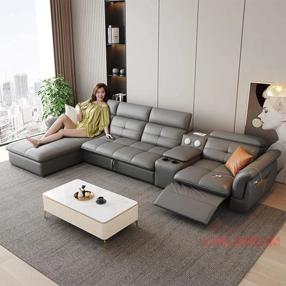 Modernes elektrisches Schlafsofa mit verstellbarer Rückenlehne, L-förmiges, multifunktionales italienisches Echtleder-Sofa