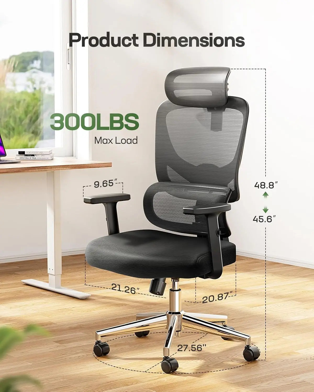 Ergonomischer Gaming-Bürostuhl mit verstellbarer Lordosenstütze, atmungsaktiver Netzbespannung und Wippfunktion – Schwarz