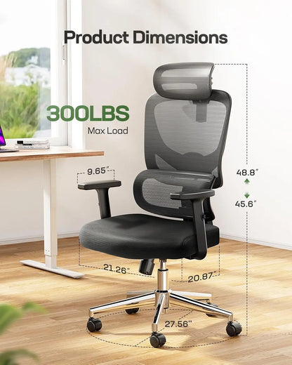 Ergonomischer Gaming-Bürostuhl mit verstellbarer Lordosenstütze, atmungsaktiver Netzbespannung und Wippfunktion – Schwarz