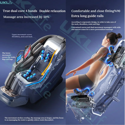 Dual Core 6D Massagesessel mit SL-Schiene, Heizschal, Thai-Stretch & KI-Sprachsteuerung – Ganzkörper-Schwerelosigkeitsliege