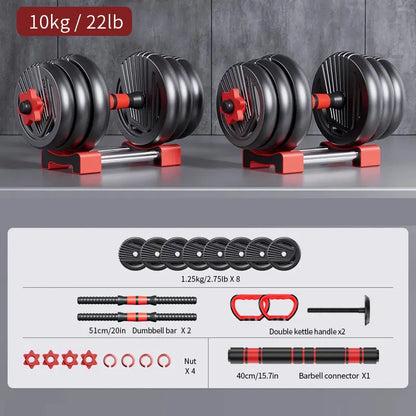 4-in-1 Adjustable Weight Dumbbell Set 22lb– Multi-Function Home Gym Equipment for Men & Women – Convertible Dumbbell, Kettlebell