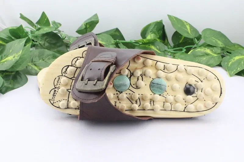 Health care Wooden base acupunture foot massage slippers natural stone acupoint massage slippers
