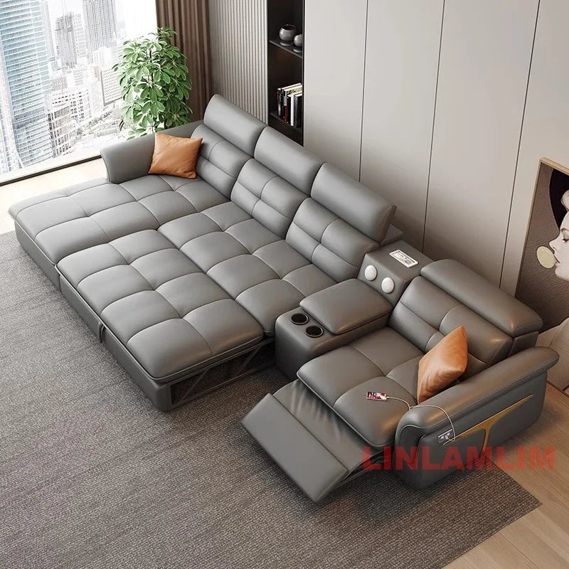 Modernes elektrisches Schlafsofa mit verstellbarer Rückenlehne, L-förmiges, multifunktionales italienisches Echtleder-Sofa