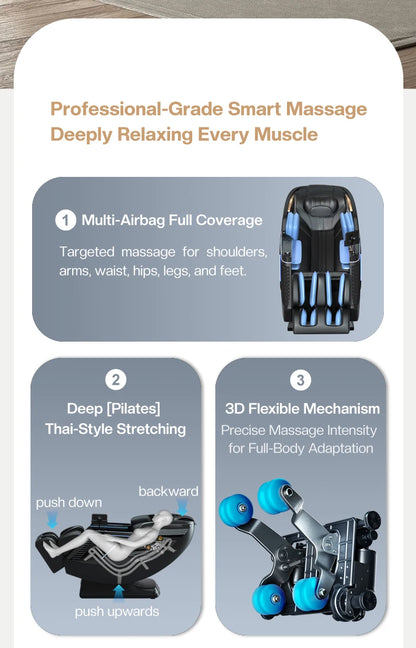 2024 Beliebtester 3D Zero-Gravity Luxus Modern Smart Luftdruck Heizung Shiatsu Leder Massagesessel mit Fußbein Bluetooth
