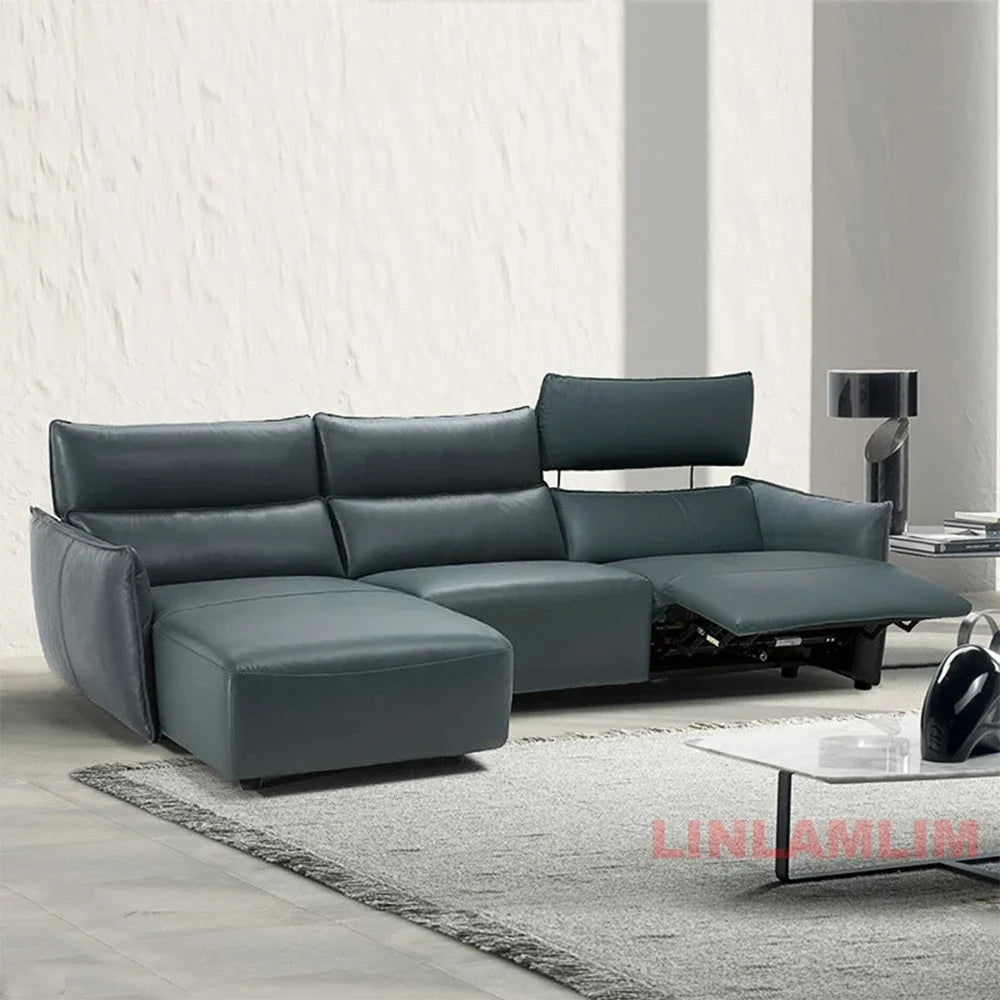 QY Ecksofa mit zwei Motoren, elektrischer Relaxfunktion, echtem Leder und verstellbaren Kopfstützen, L-förmige Eckcouch mit Chaiselongue
