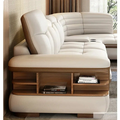 Luxuriöse L-förmige Sektionssofas aus echtem Leder mit USB- und Bluetooth-Lautsprecher – MINGDIBAO Wohnzimmer Italienische Ledersofas