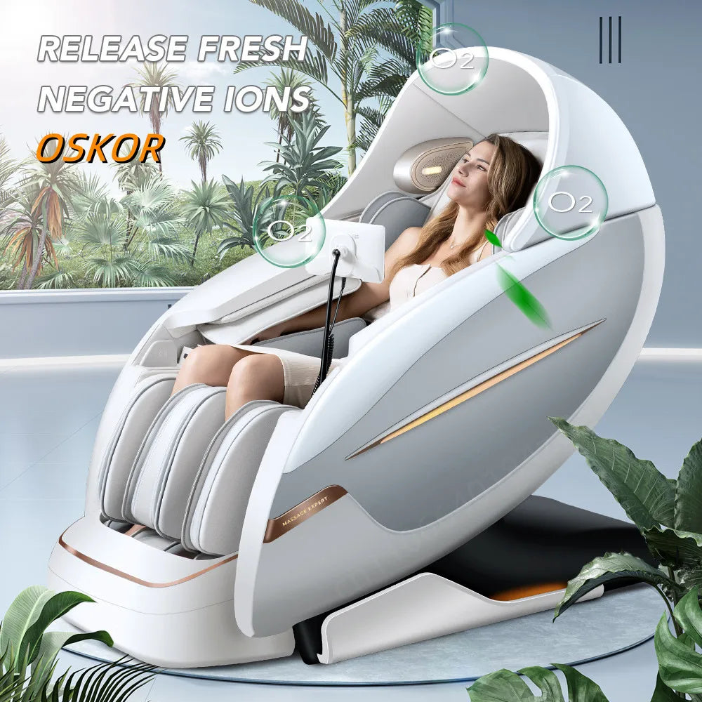 OSKOR 4D Zero Gravity Massagesessel Ganzkörperkabine mit Schlafhaube – Shiatsu Massagesessel mit Wärme, Körperscan, SL-Schiene