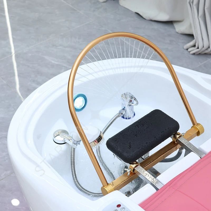 Modern Beauty Salon Furniture pink Light Salon Shampoo Chair Bed Luxury Electric Massage Washing Chair with Water Circulation