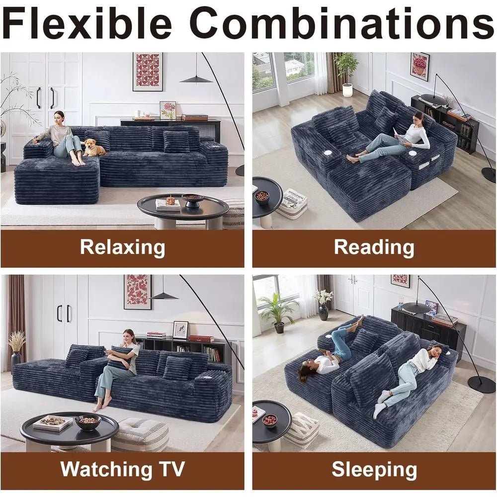 Cloud-Ecksofa mit L-förmiger Chaiselongue, modernes modulares Sofa mit tiefer Sitzfläche, integriertem Getränkehalter und Aufbewahrungstasche für das Wohnzimmer
