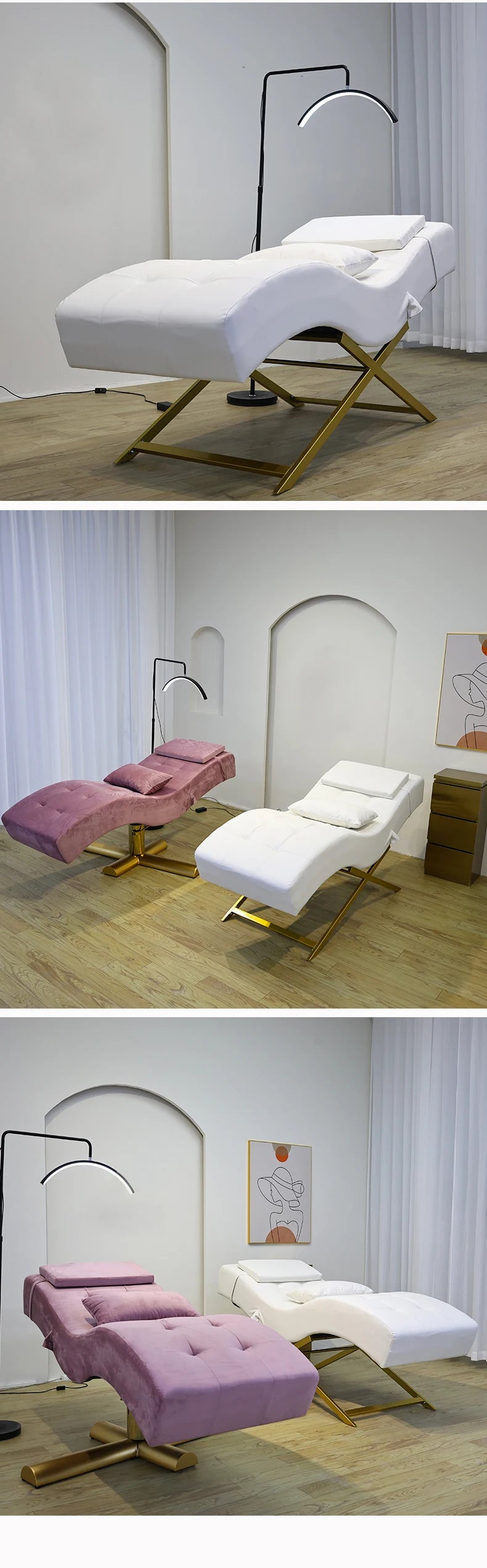Luxury modern design white curved velvet facial bed spa massage lash bed for beauty salon