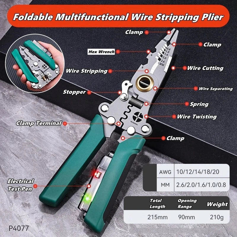 Multifunctional Wire Stripper &amp; Electrical Test Pen – Foldable Cable Cutter &amp; Crimper Tool