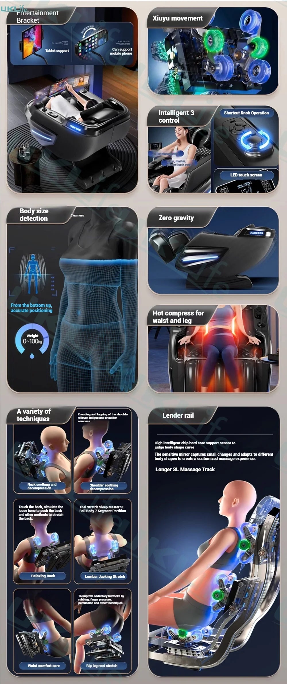 2025 Upgrade 6D Jade-Rollen-Massagesessel mit KI-Sprachsteuerung, automatischem Körperscan, Thai-Stretching & Handyhalter – Schwerelosigkeit F