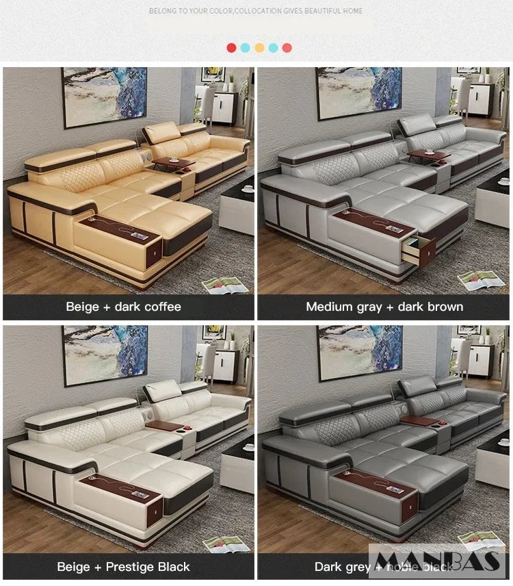 Modernes Luxus-Ecksofa aus echtem Leder mit Recamiere, verstellbarer Kopfstütze, integriertem Stauraum, USB-Ladefunktion, Getränkehalter