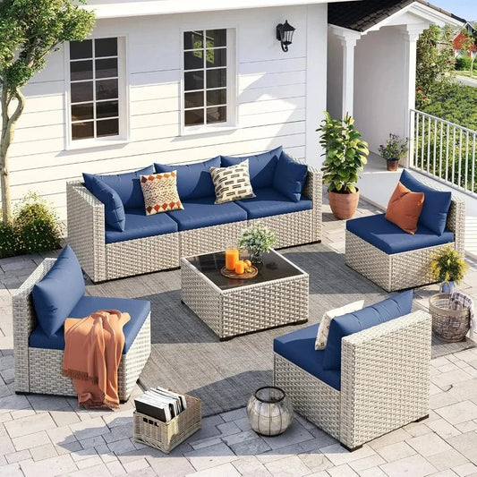 Outdoor Patio Furniture Set – 7-Piece Modular Sectional Sofa with Tea Table