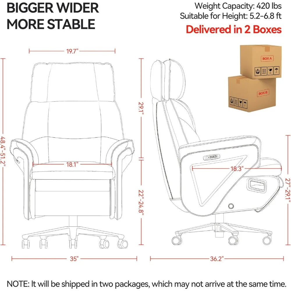 Dual Motor Electric Executive Office Chair with Heat Massage Ventilation, 180° Lay-Flat Reclining Office Chair with Footrest