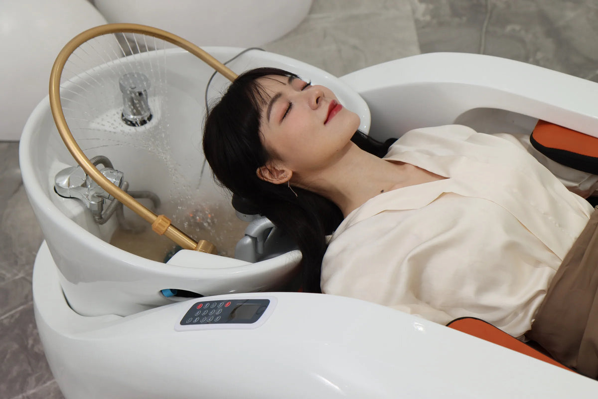 Luxuriöses automatisches Massage-Shampoo-Bett mit ergonomischem Design, LED-Lichtleiste, ideal zum Haarewaschen und Entspannen im Salon