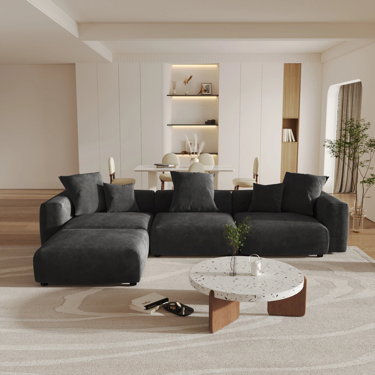 Sdorens 141.73'' L Shape Sectional Sofa Corduroy Fabric Couches Oversized 3 Seater Couch with 1 Ottomans for Living Room Set
