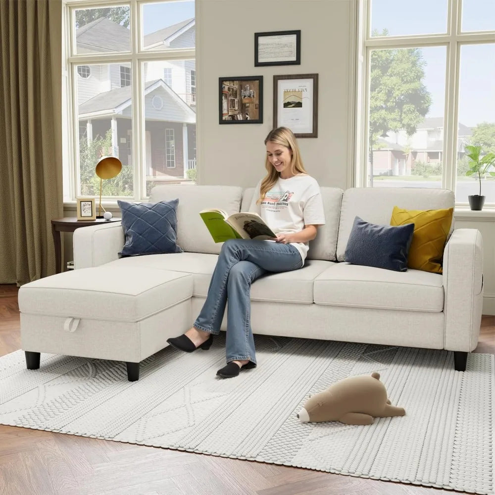 78 L-förmiges beigefarbenes Leinen-Haustierfreundliches modulares 3-Sitzer-Schlafsofa für das Wohnzimmer