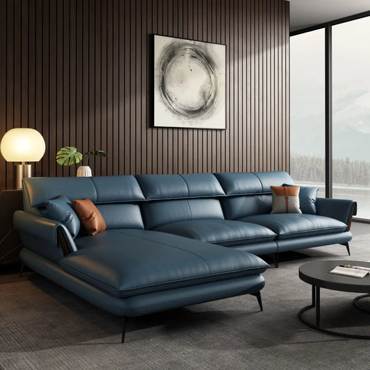 Bestseller Modernes Ledersofa Ecksofa Einfaches Wohnzimmer Italienisches Luxus-Ledersofa Blaues L-förmiges Schnittsofa