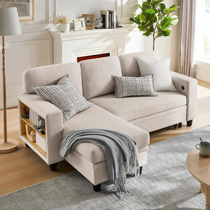 80" Schlafsofa, L-förmige Schlafcouch mit Stauraum, 2 integrierte Bücherregale und USB-Ladeanschluss