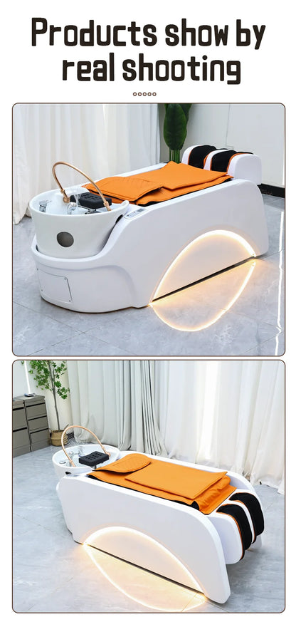 Lieferant von Salonmöbeln Elektrisches Spa-Kopf-Wassertherapie-Shampoobett Haarwasch-Massagestuhl Shampoobetten mit Beckendampfgerät