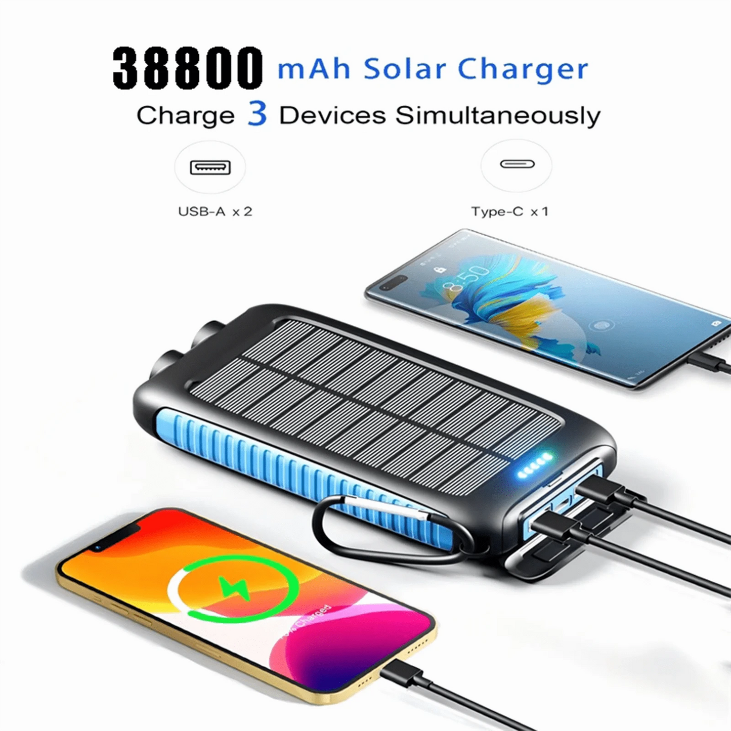 38800 mAh Solar Power Bank with Dual USB – Waterproof Portable Charger with LED Light for Camping Phones & Tablets