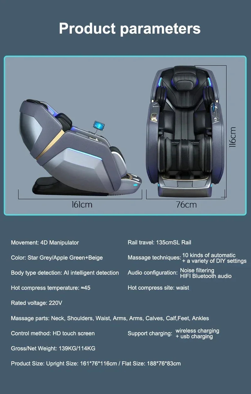 4D Zero Gravity Full Body Massage Chair Voice Control Heated Backrest Bluetooth Speaker Airbag Technology for Relaxation
