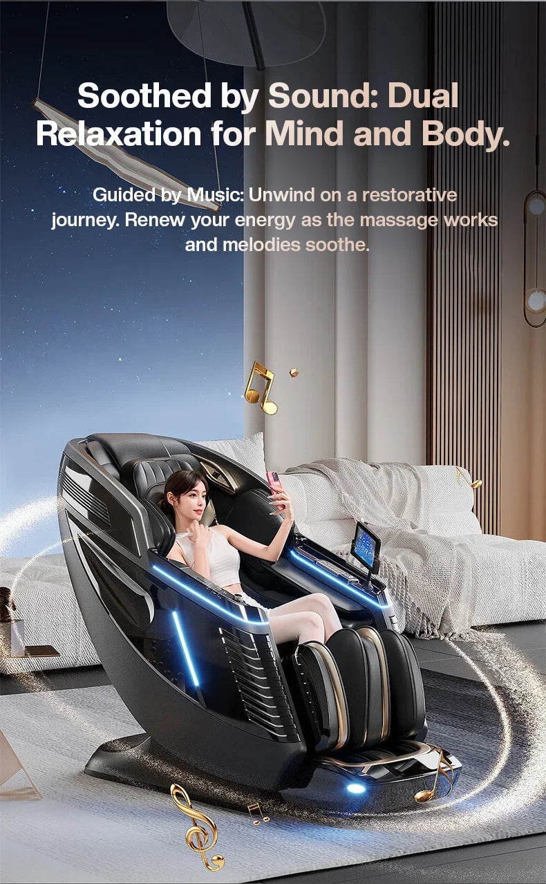 4D+3D-Massagesessel Ganzkörper-Massagesessel mit Schwerelosigkeitsfunktion, SL-Track, Shiatsu-Massage, Bodyscan, Fußrollen, Dehnfunktion, Heizfunktion