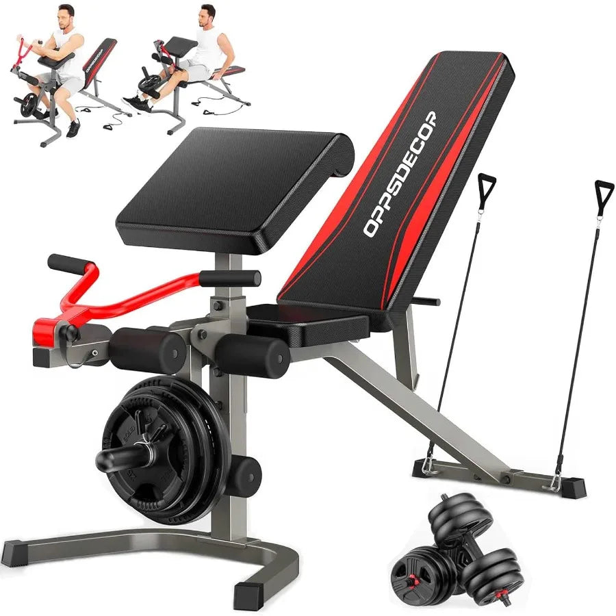 Heavyduty adjustable weight bench with integrated leg extension leg curl and preacher curl functions for versatile fullbody str