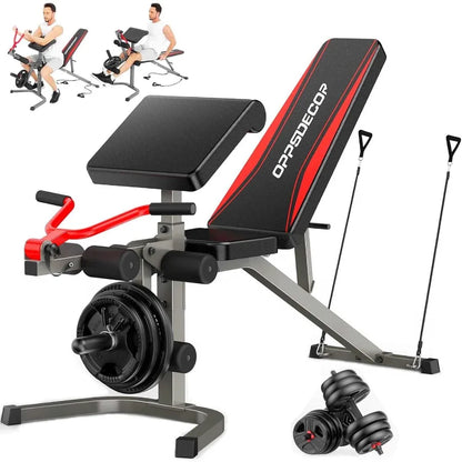 Heavyduty adjustable weight bench with integrated leg extension leg curl and preacher curl functions for versatile fullbody str
