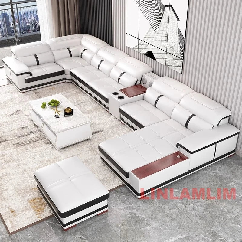 Modern U-Shaped Sectional Sofa with Chaise, White Genuine Leather Couch with Cup Holders, USB – Large Living Room Furniture Set