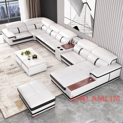Modern U-Shaped Sectional Sofa with Chaise, White Genuine Leather Couch with Cup Holders, USB – Large Living Room Furniture Set