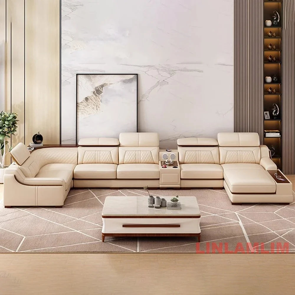 Modernes U-förmiges Ecksofa-Set mit Chaiselongue, echtes Leder Sofa mit Ablagetisch, USB – Große Wohnzimmermöbel