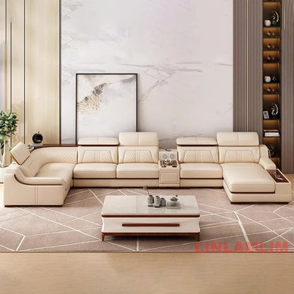 Modernes U-förmiges Ecksofa-Set mit Chaiselongue, echtes Leder Sofa mit Ablagetisch, USB – Große Wohnzimmermöbel