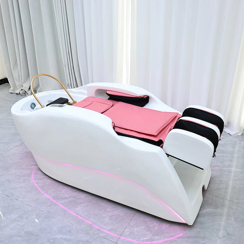 Modern Beauty Salon Furniture pink Light Salon Shampoo Chair Bed Luxury Electric Massage Washing Chair with Water Circulation