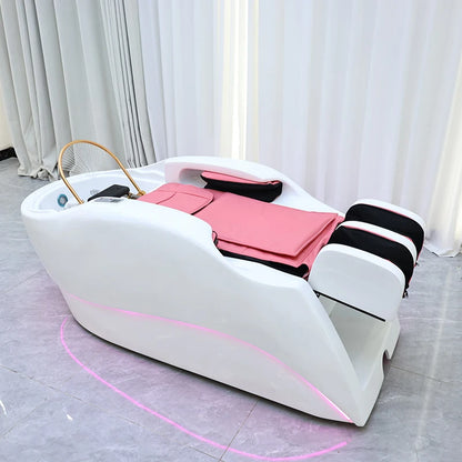 Modern Beauty Salon Furniture pink Light Salon Shampoo Chair Bed Luxury Electric Massage Washing Chair with Water Circulation