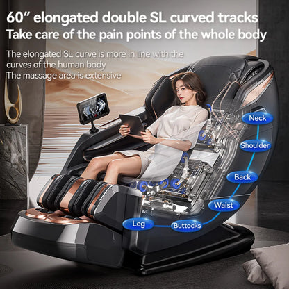 Luxuriöser elektrischer 4D-Massagesessel Zero Gravity SL-Track & Wärmetherapie Ganzkörper-Airbag Yoga Stretching Shiatsu-Liegesessel Massage