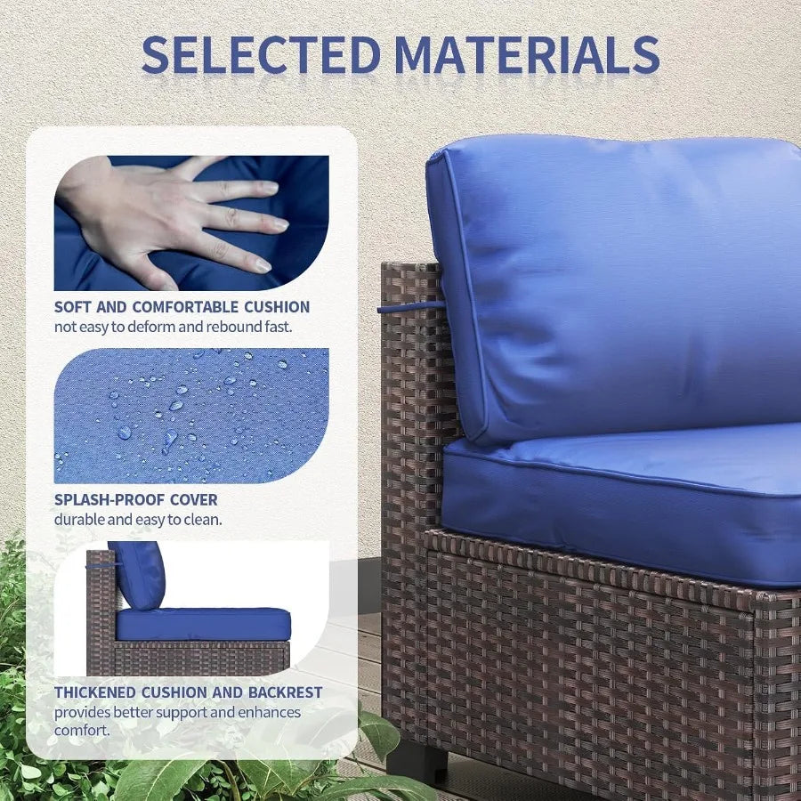 7 Piece Outdoor Patio Furniture Set with PE Rattan Conversation Sofa Thick Cushioned Wicker Patio Set Featuring Glass Top Coffe