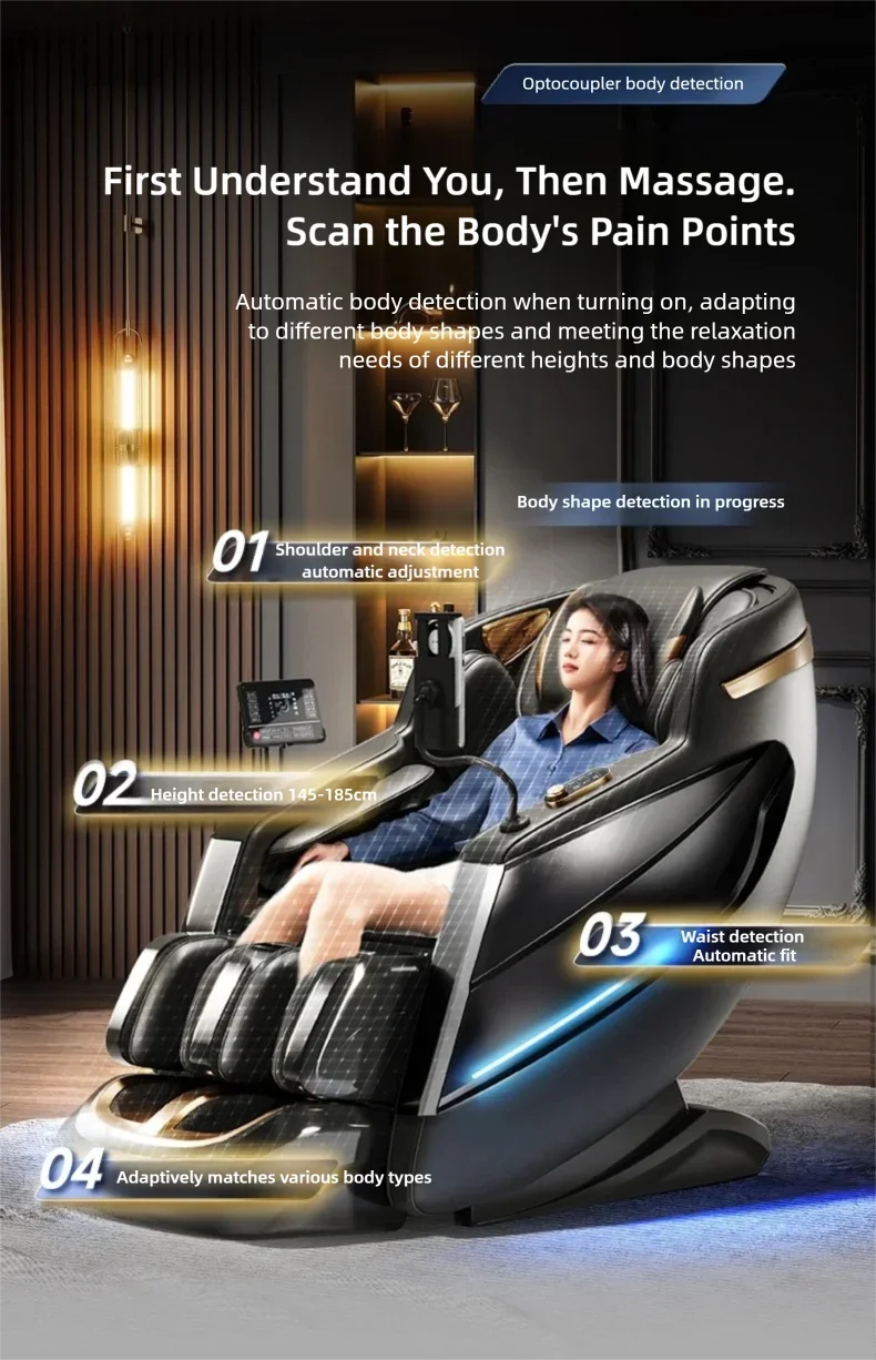 4D Mechanismus Massagesessel Tiefe Thai-Dehnung LCD Touchscreen Wadenrolle Airbag Kompression Kneten Schwerelosigkeit Entspannung