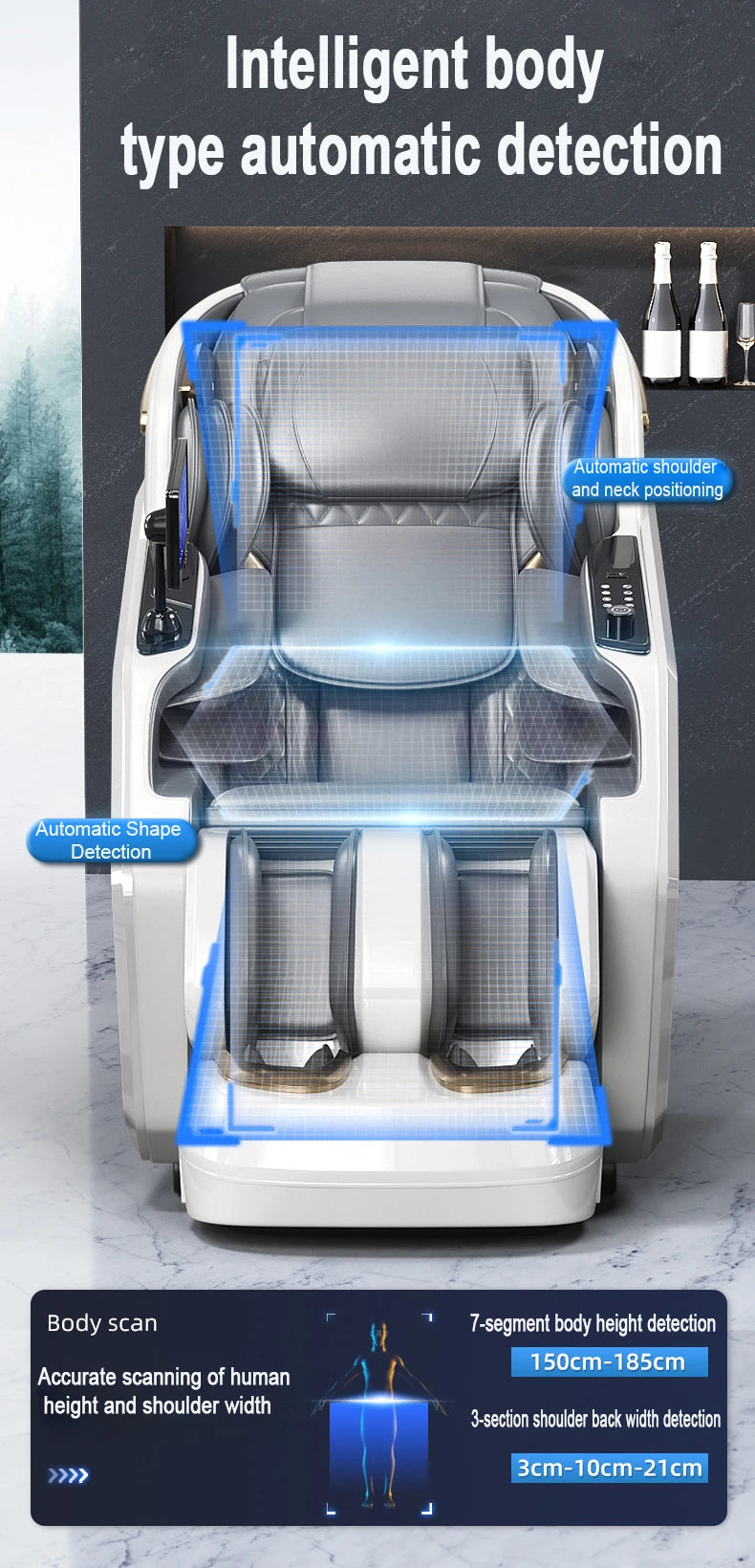 Ergonomischer Zero-Gravity-Massagesessel, Shiatsu-Technologie, Ganzkörper-Airbags, Fußrollen, Wadenkneten, Bluetooth, Wohnkomfort